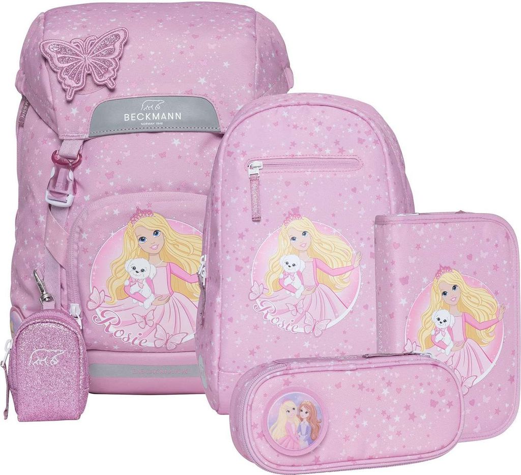 A collection of pink school bags and accessories with a Barbie-like character print.