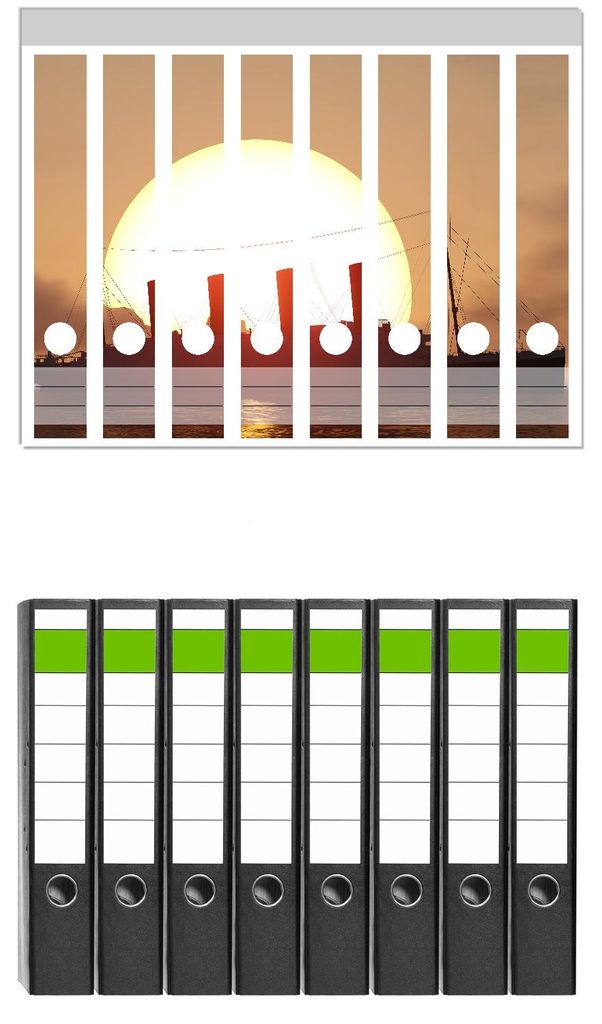 Wallario 8 Stück schmale Ordner inkl. Klebeetiketten mit Motive Ozeandampfer im Sonnenuntergang - Set mit Rückenschildern / Ordnerrücken Stickern
