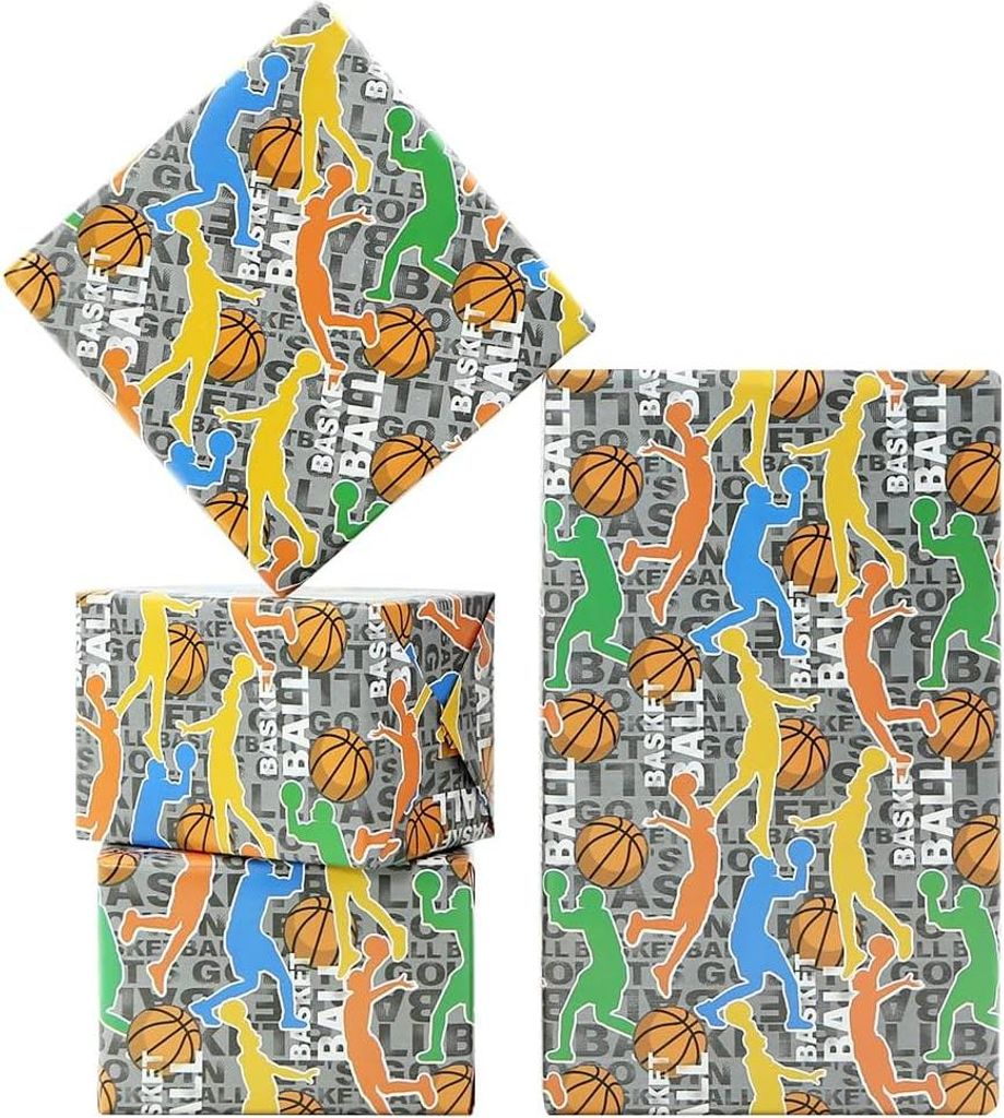 Geschenkpapier Basketball Sportthema 4 Bögen 50 x 70 cm - Geburtstagsgeschenk für Jungen Basketballliebhaber