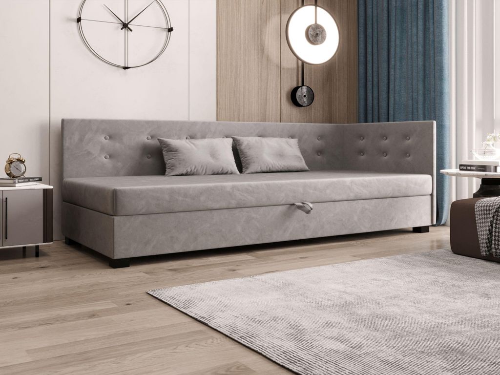 AURA SOFA Boxspringbett OLAF PLUS 90x195 Komplett-Set mit Bonell Matratze, Polsterbett mit Bettkästen - Grau, MONOLITH 84