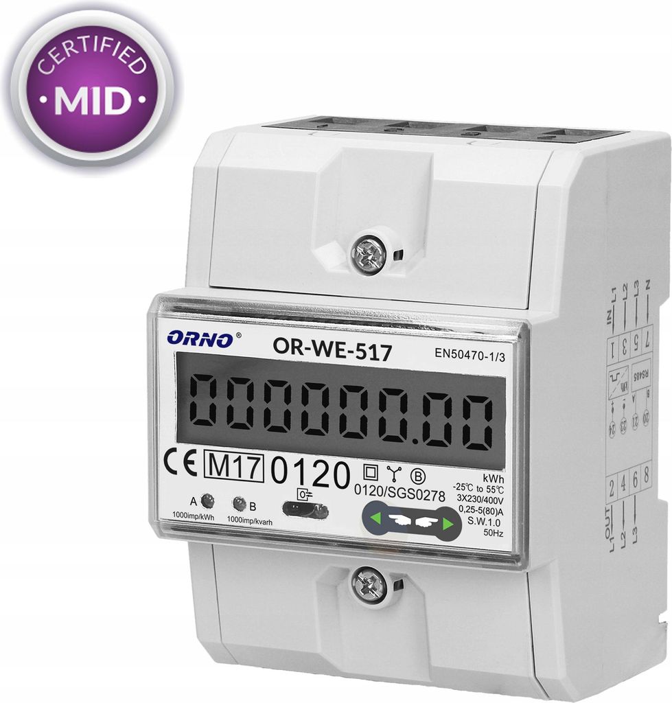 ORNO OR-WE-517 Multitarif Zweiwege Stromzähler Hutschiene 3-Phasen-Anzeige des Stromverbrauchs mit MID Zertifikat, Modbus Kommunikationsprotokoll,...