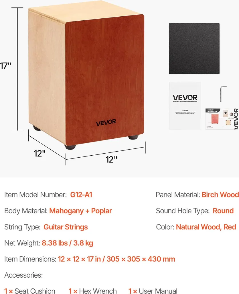 VEVOR Cajon Percussion avec Cordes de Guitare et Pieds Silicone 43cm - 7