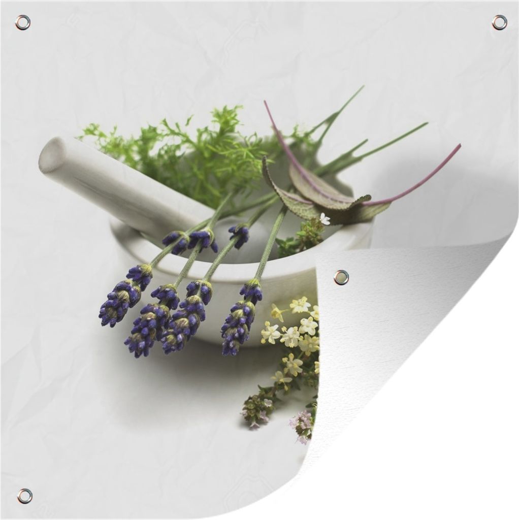 MuchoWow 100x100 cm Outdoor-Poster Gartendeko Sichtschutz Garten Poster für den Garten Die verschiedenen Gewürze in einem Mörser