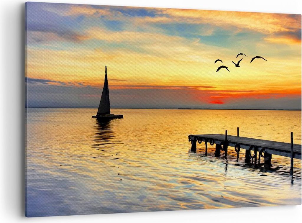 Bild auf Leinwand - Leinwandbild - Strand landschaft wasser brücke - 100x70cm - Wand Bild - Wanddeko - Leinwanddruck - Bilder - Kunstdruck - Leinw...