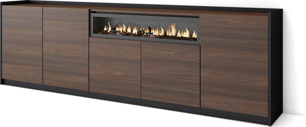 Sideboard, Highboard, 260x37x80cm, 5 Türen, Elektrokamin., Dunkler Eiche und Schwarz