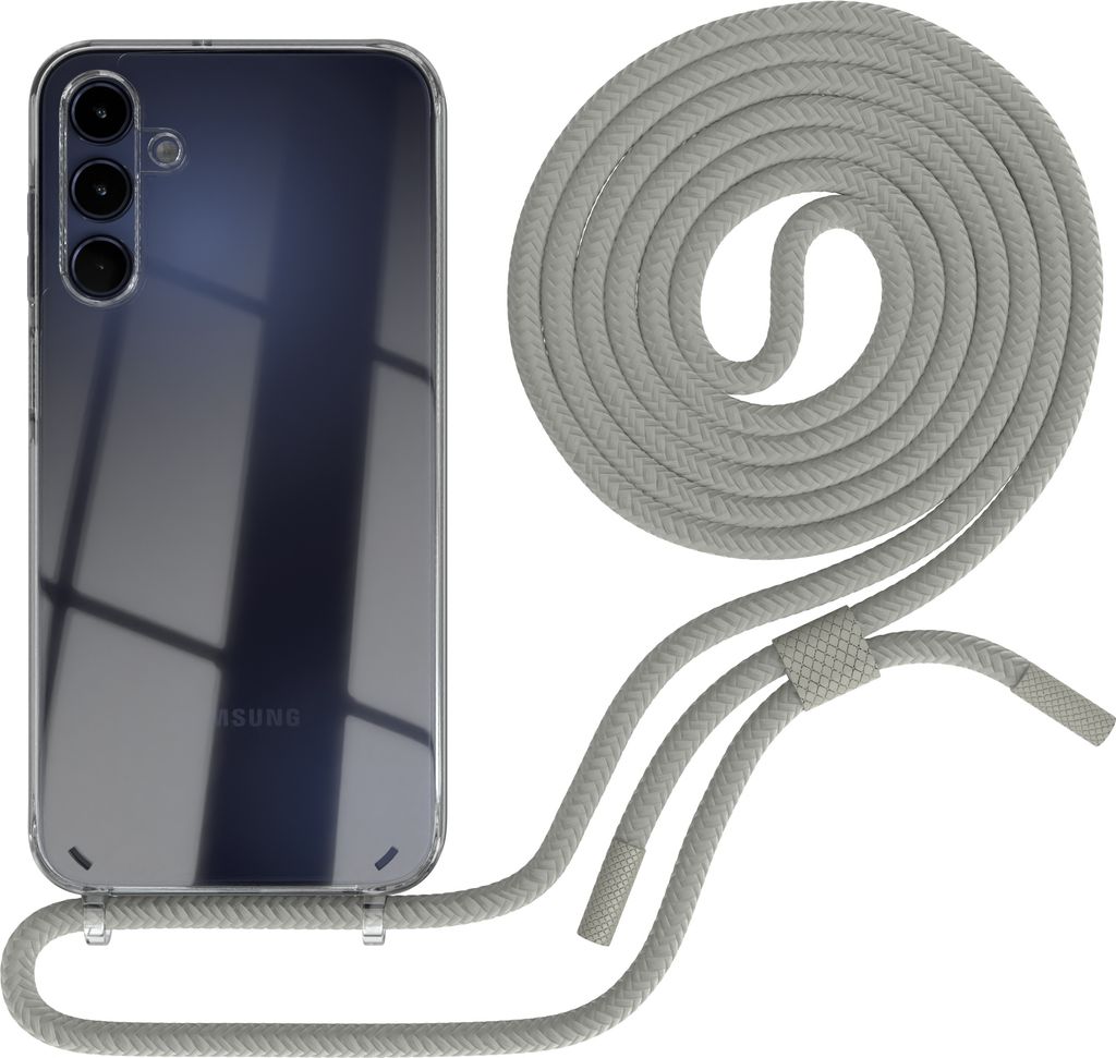 EAZY CASE Handykette für Samsung Galaxy A15, Clear Case aus Silikon, mit Umhängeband, abnehmbare Endstücke, Handyband in Beige