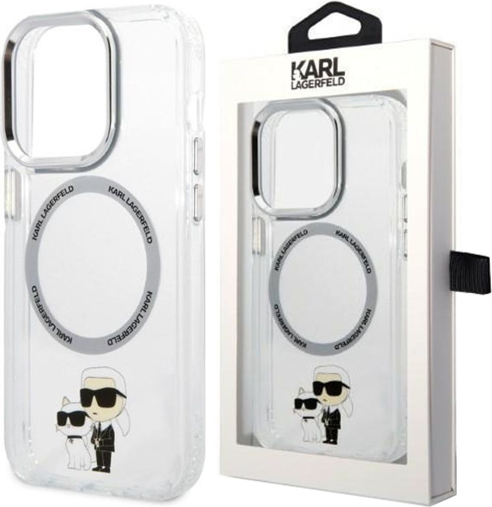A Karl Lagerfeld iPhone case is shown in its packaging next to the case itself.