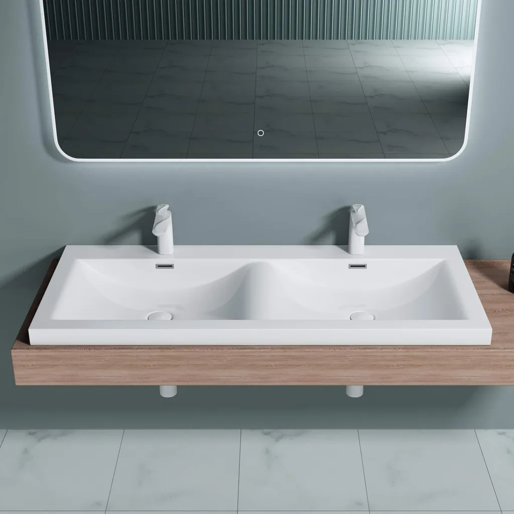 Lavabo Double Vasque Rectangulaire 120 cm Blanc Mat en Solid Surface