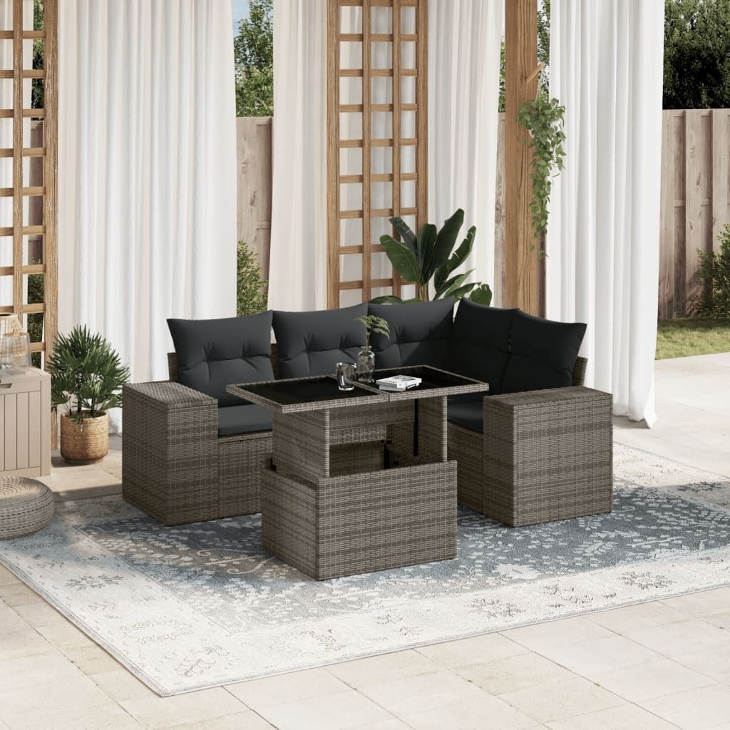 "2026 Promotion" 5-tlg. Garten-Sofagarnitur/Terrassenmöbel - mit Kissen - Grau Poly Rattan - Gartenmöbelset CC13238