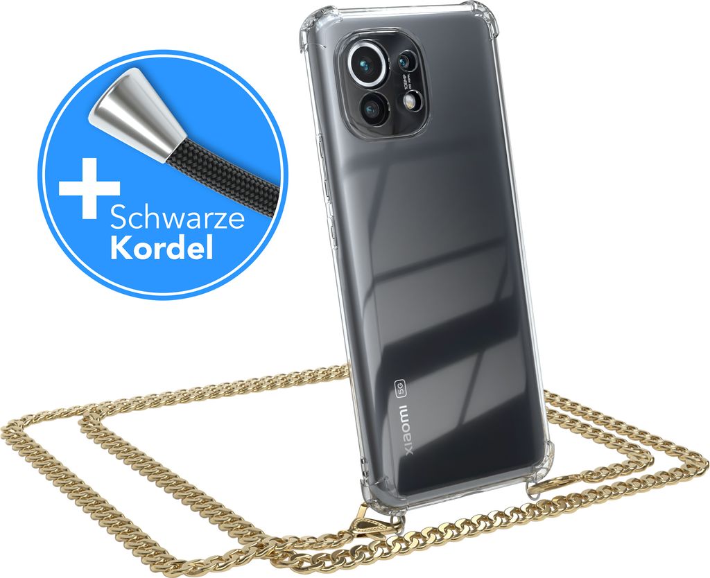 EAZY CASE Metall Handykette für Xiaomi Mi 11 5G, Handyhülle mit Umhängeband, Silikonhülle, Metallkette für Smartphone in Gold