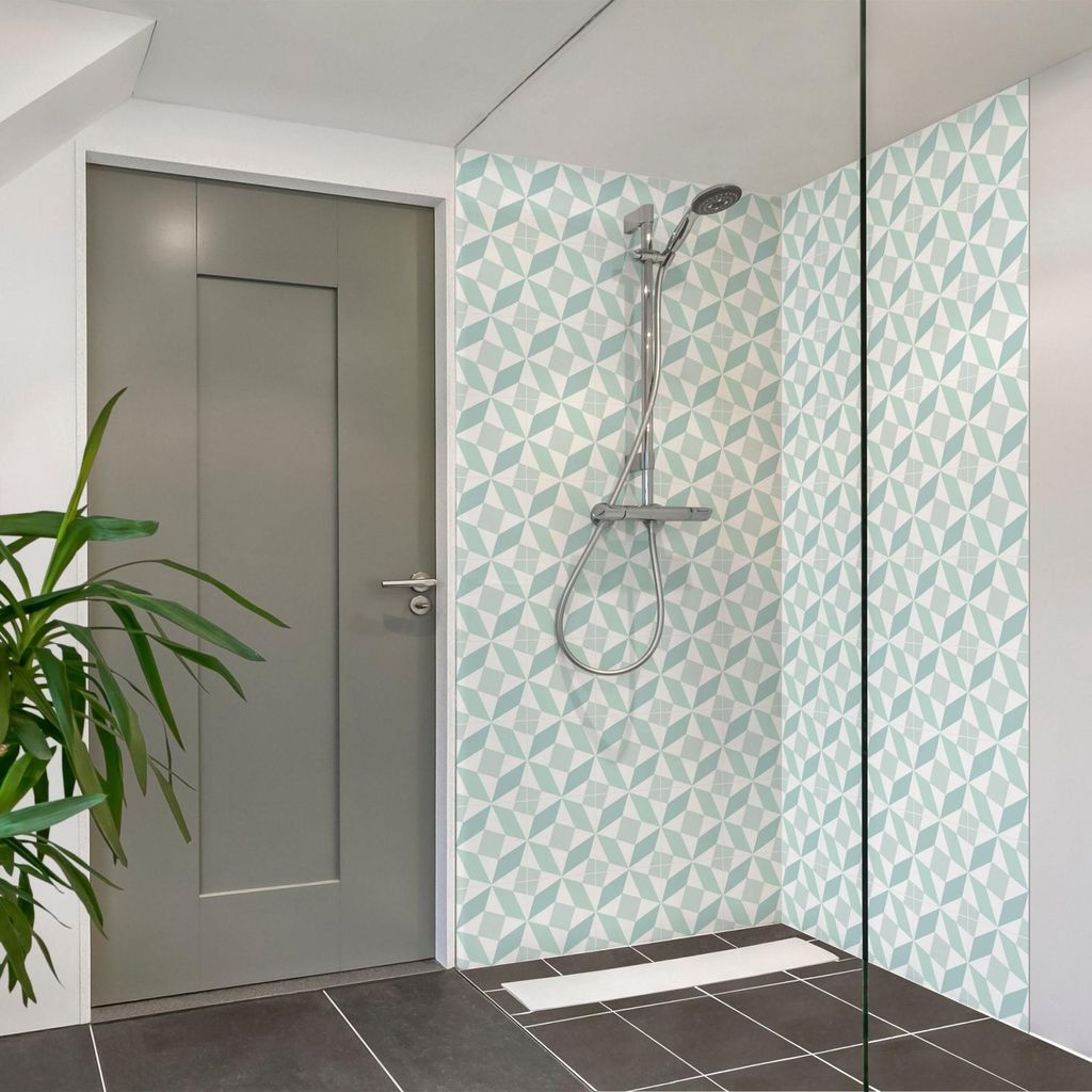 Duschrückwand Muster selbstklebend - 0.61 mm Wandpaneel wasserfest Ornament blau Fliesenoptik Abstrakt Badrückwand fugenlos Premium matt 110x190 cm