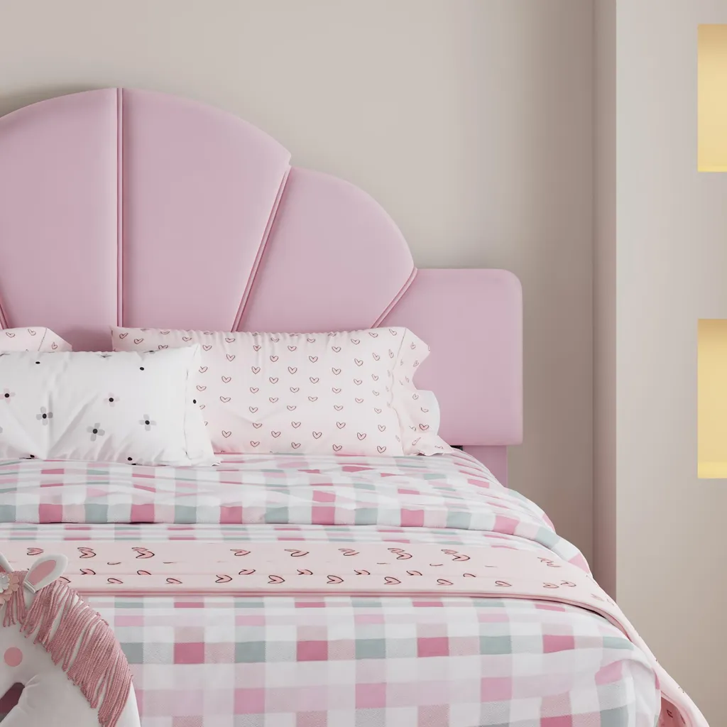 Lit en bois stable 140x200 velours rose avec bords anti-collision