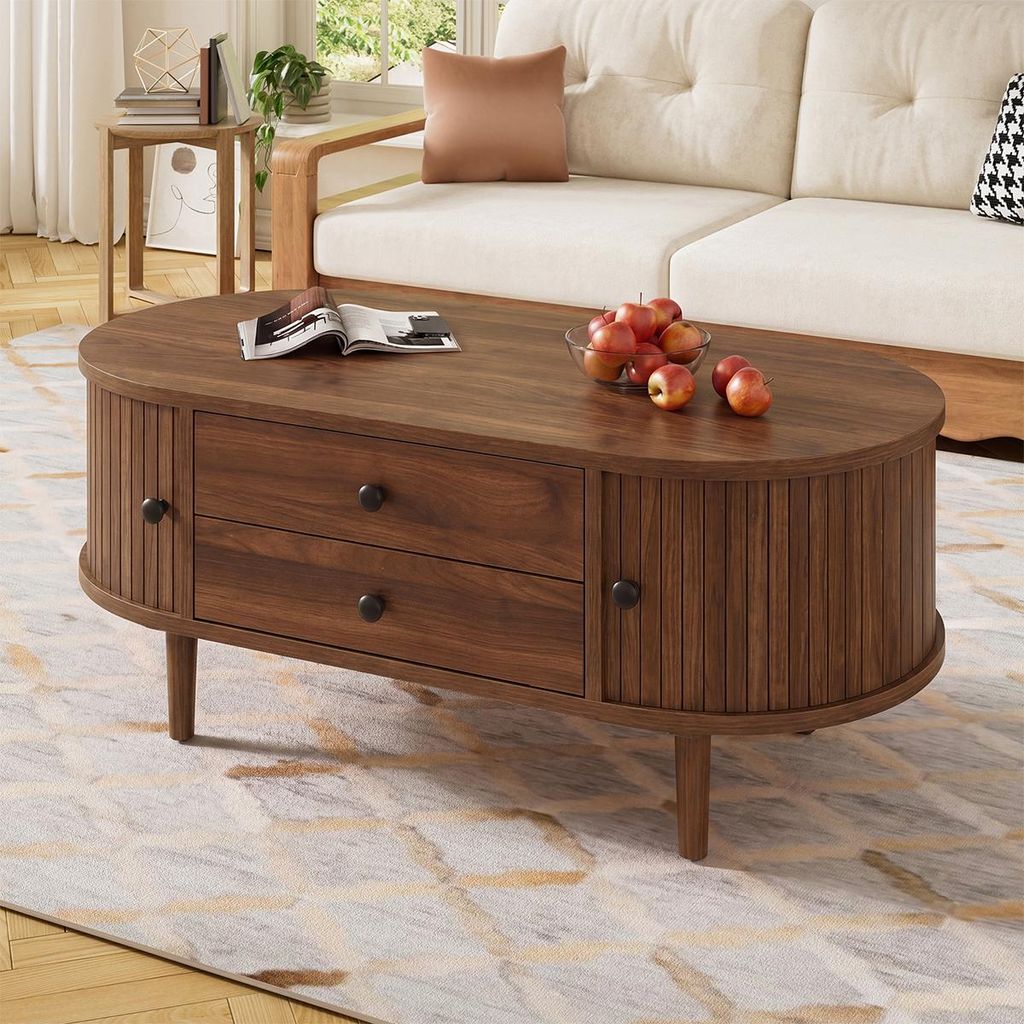 Couchtisch mit 2 Schubladen Ovaler Beistelltisch Wohnzimmertisch 100 L x 50 B x 40 H Nussbaum