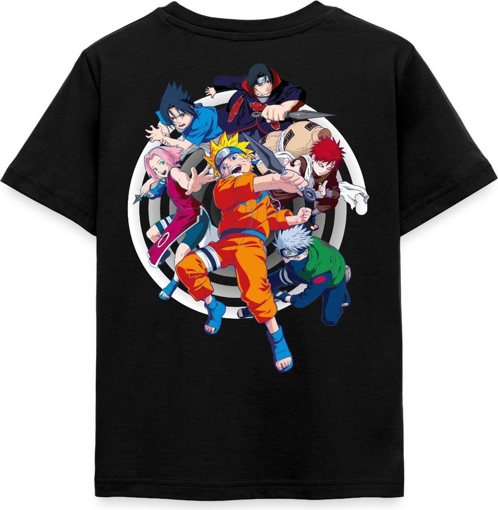 Spreadshirt Naruto Brustlogo Und Charaktere Um Naruto Kinder T-Shirt, 110/116 (5-6 Jahre), Schwarz
