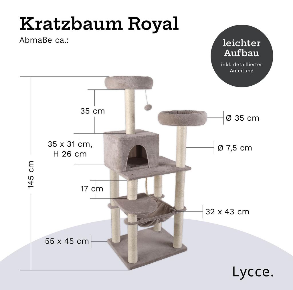 Kratzbaum Royal Kratzbaum grau Kratzmöbel mit Sisal und Plüsch