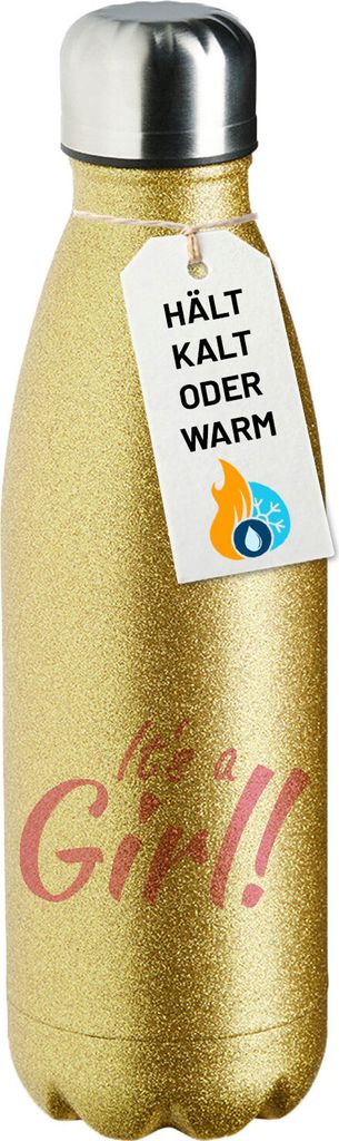 Huuraa Trinkflasche It`s a Girl! Schriftzug 500ml Gold Edelstahl Wasserflasche Trinkflasche Geschenkidee