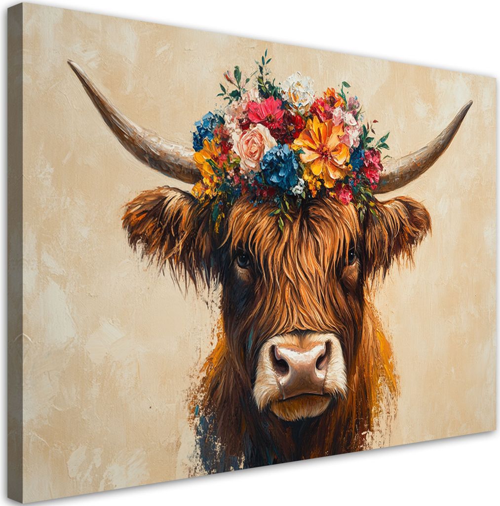 Leinwandbild Abstrakt Schottische Kuh Blumen 120x80 Feeby Bunt bild für die wand bereit zum aufhängen