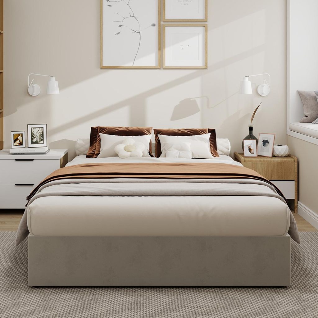 Sweiko Modern minimalist bed frame, 140x200CM, beige, Dutch velvet material, equipped with gas lift rods, modern style bedroom furniture, excluding...