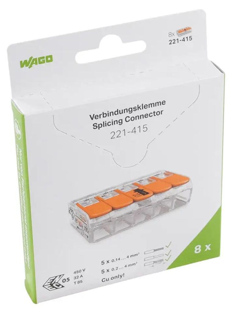 Wago -Verbindungsklemme 5 - Fall Bis 4 Mm² - 221-415 - 8 Stücke In Blasen