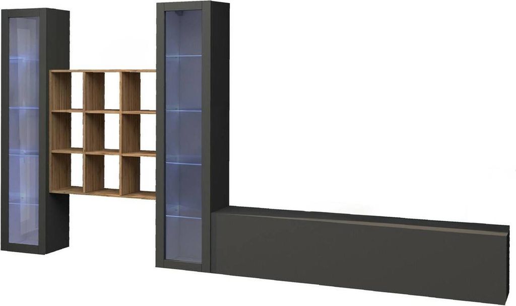 Wohnzimmermöbel Dchiorr, Wohnzimmer-Set TV-Möbel mit 3 Türen, Mehrzweck-Wohnmöbel mit Vitrine und LED-Licht, 100 % Italy, cm 350x30h180, Anthra...