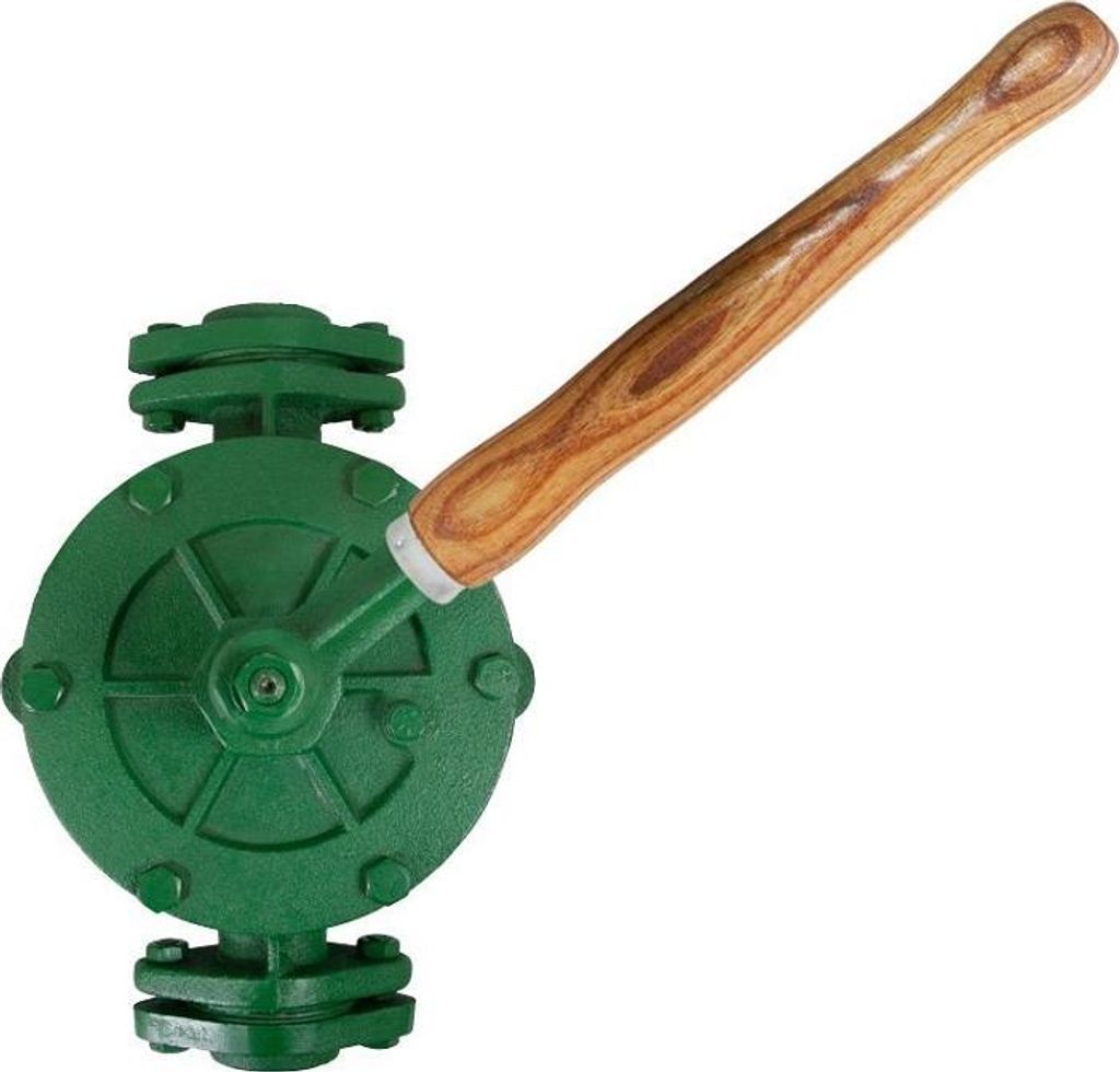 A green hand pump with a wooden handle, isolated on a white background.