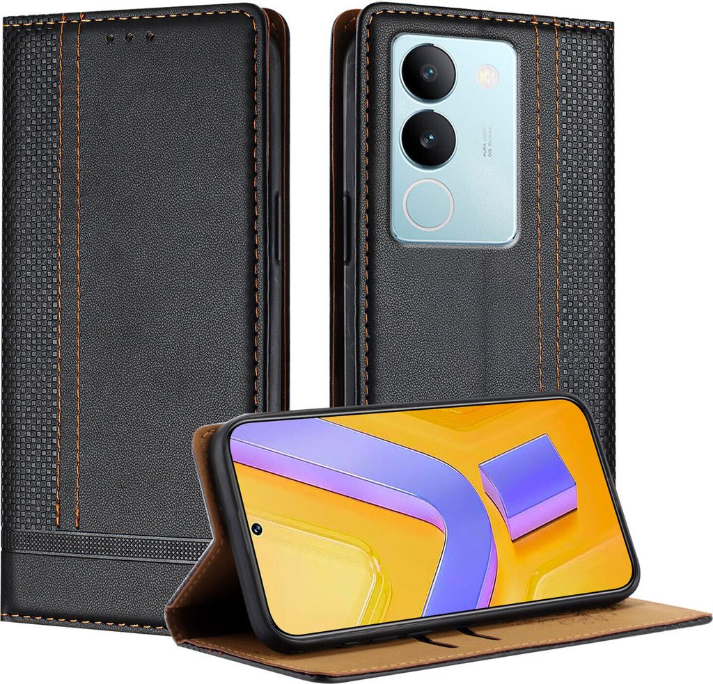 Handyhülle für Vivo V29 5G Leder Flip Klappbare Schutzhülle mit Standfunktion Schwarz
