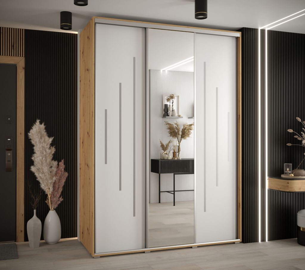 Kleiderschrank YVONA 13 - 180/60 cm, Eiche handwerklich / weiß / silber