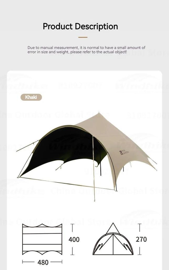 Camping Tarp Plane - Guanting A270 - Hexagonales Sonnensegel - 480x400 cm - Wasserdicht PU5000 mm - Mit Stangen und Abspannleinen - Khaki