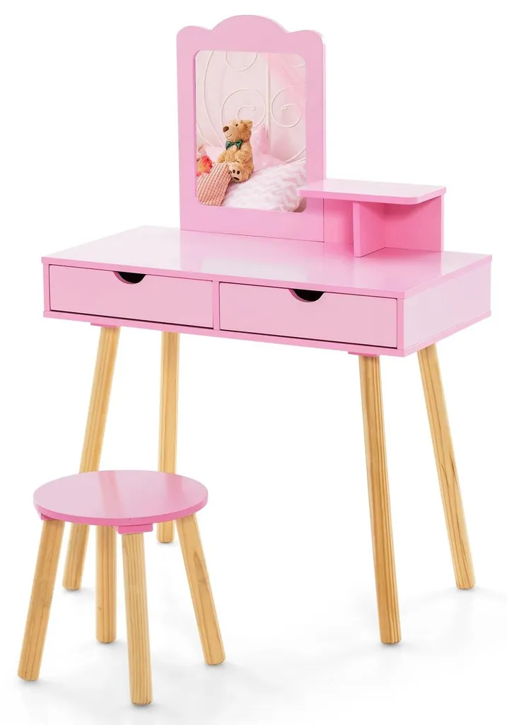 Coiffeuse pour enfants avec tabouret et miroir amovible en bois blanc