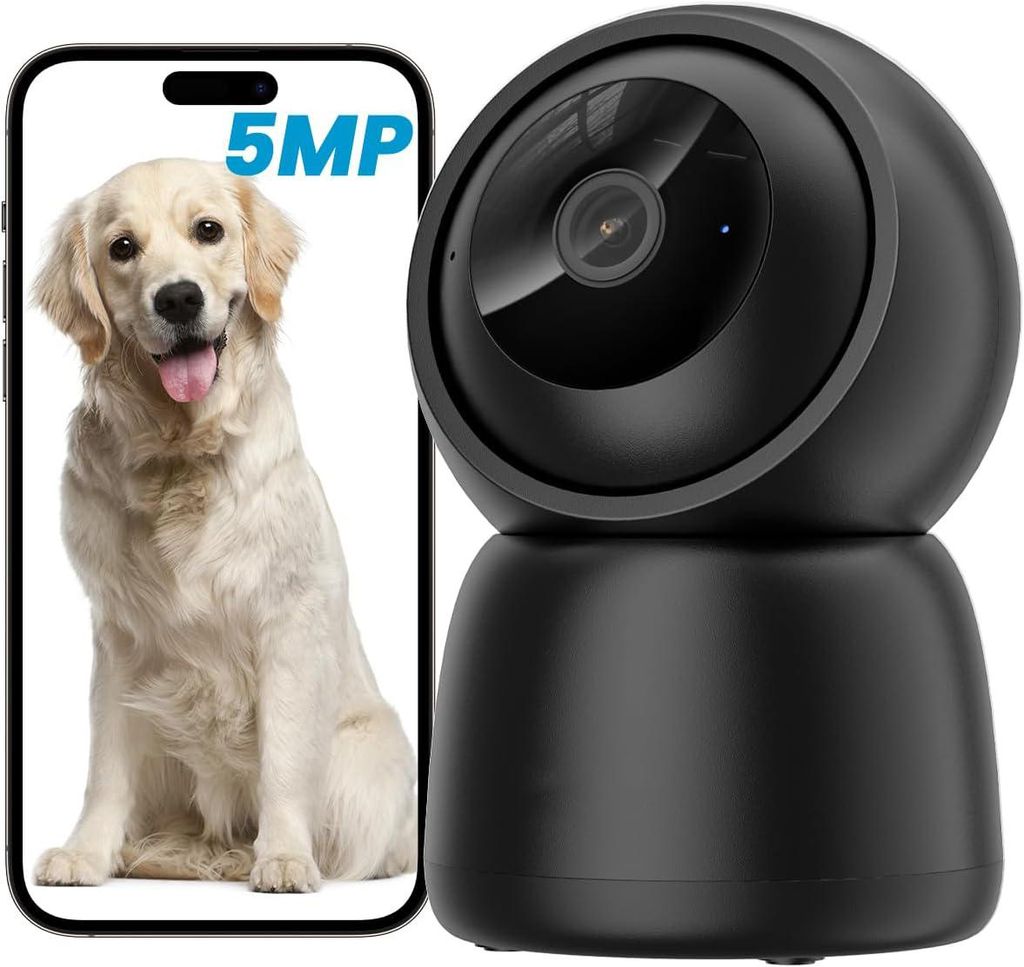 A product image showing a black security camera next to a smartphone displaying a golden retriever dog and the text '5MP'.