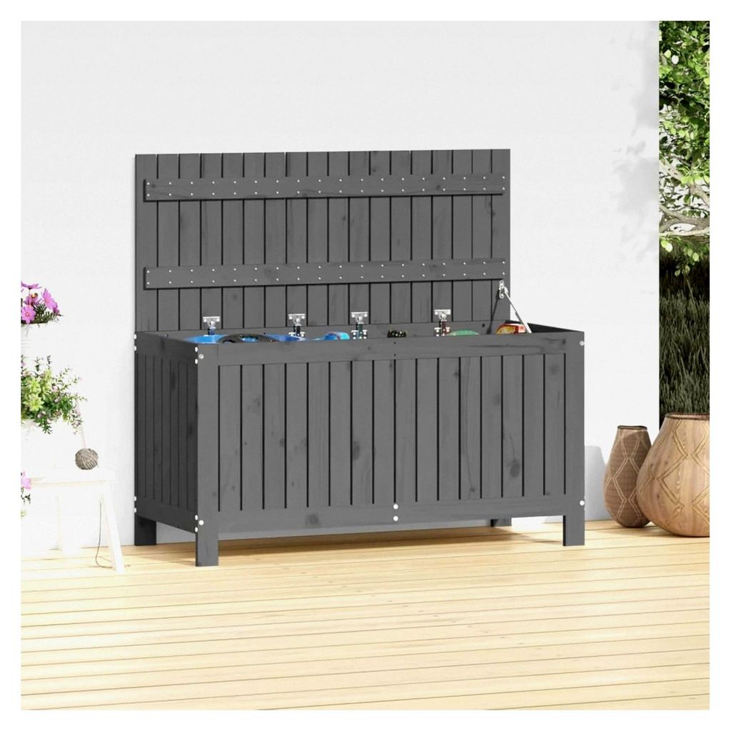 Gartentruhe Grau 115x49x60 cm aus massivem Kiefernholz, Kissenbox für Terrasse, Balkon und Garten