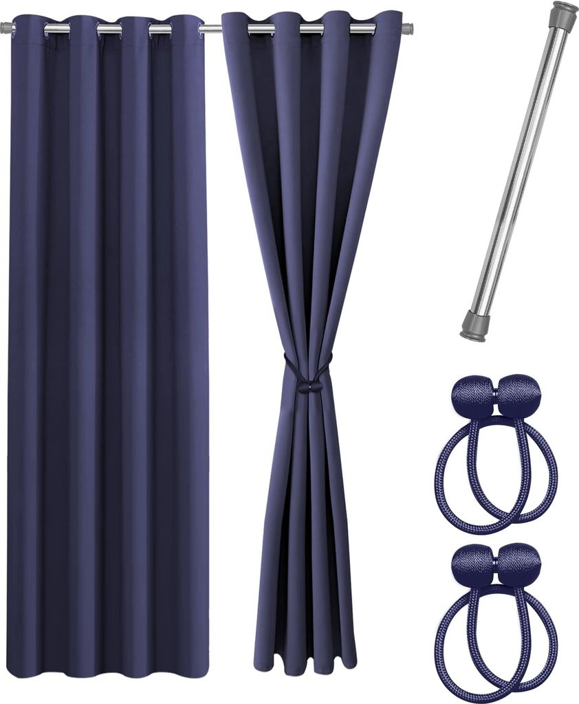 COZYOR Praktisches Set ohne Bohren: 2x Vorhang + 1x Klemmstange (silber) + 2x Raffhalter, 200x135cm, blau