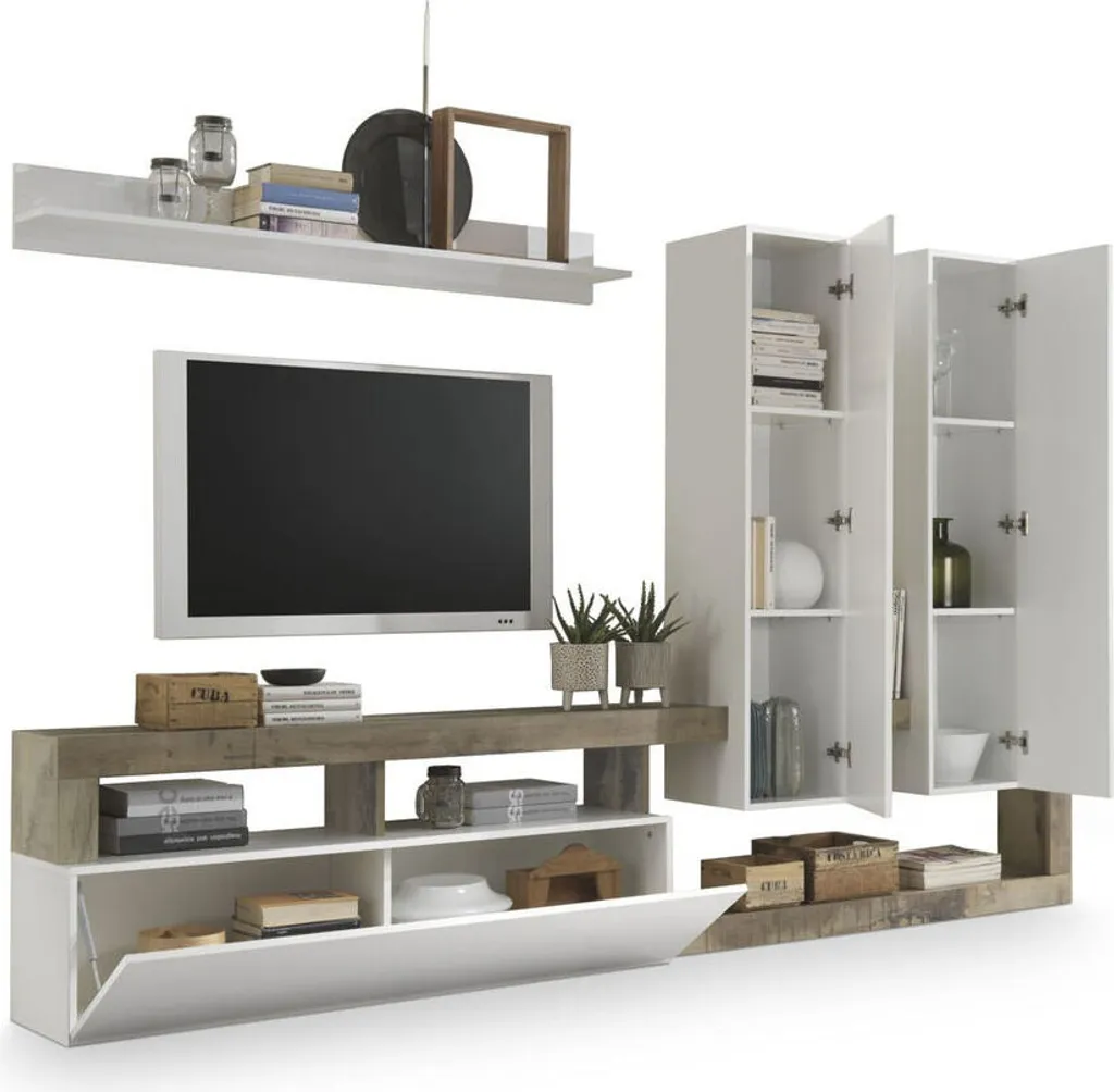 Grand Ensemble Mural Meuble TV Blanc et Aluminium avec Rangement MDF