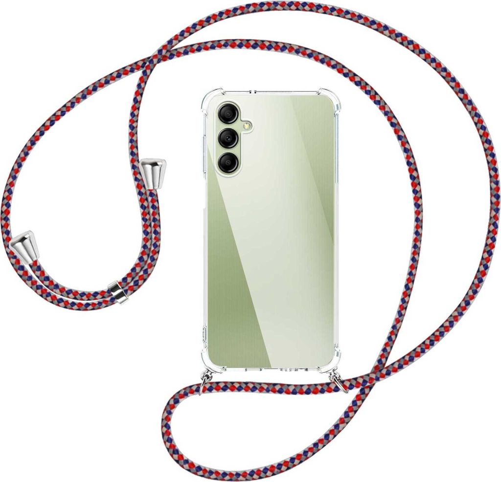 Handykette Backcover-Schutzhülle mit Band (Metall silberfarben) für Samsung Galaxy A14 4G (SM-A145) - silber/blau/rot