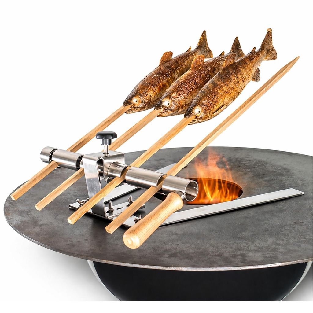 Steckerlfisch Halter mit Standfuß für Grillplatten und 4 Holzsteckerl