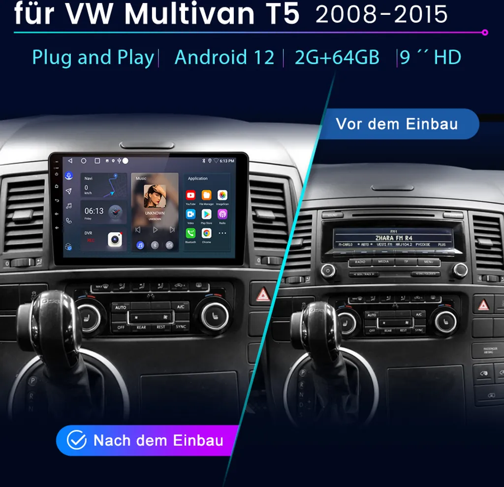 Autoradio 2 Din per VW Multivan T5 2008-2015 Android 15 9" USB - 2