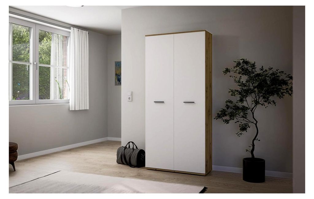 Conselve Flurschrank Schuhschrank aus Laminat, Weiß / Eiche mit 8 Ablagen und 2 Schubladen, LAP, 90 x 195 x 38 cm