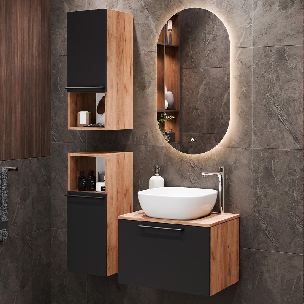 Planetmöbel Waschtischunterschrank Astra 60 cm Gold Eiche/Anthrazit mit weißem Waschbecken, LED-Spiegel und 2x Midischrank