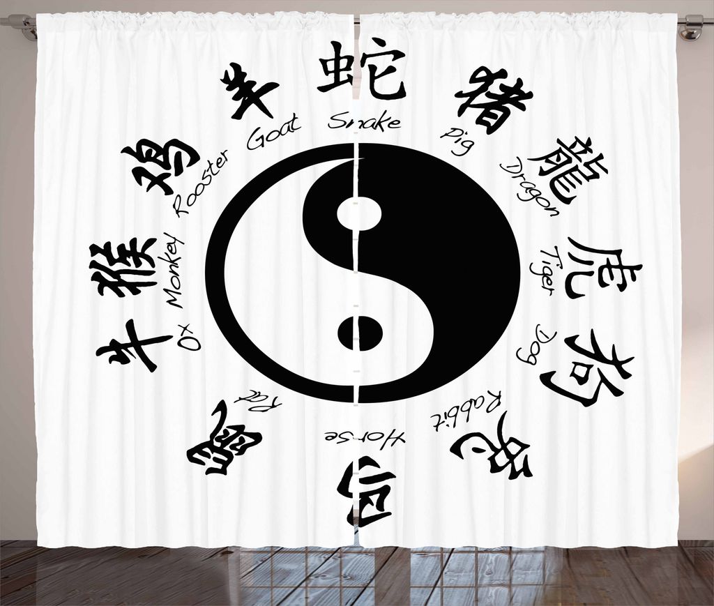 ABAKUHAUS Yin-Yang Rustikaler Vorhang, Asianlism, Wohnzimmer Universalband Gardinen mit Schlaufen und Haken, 280 x 175 cm, Schwarz und weiß