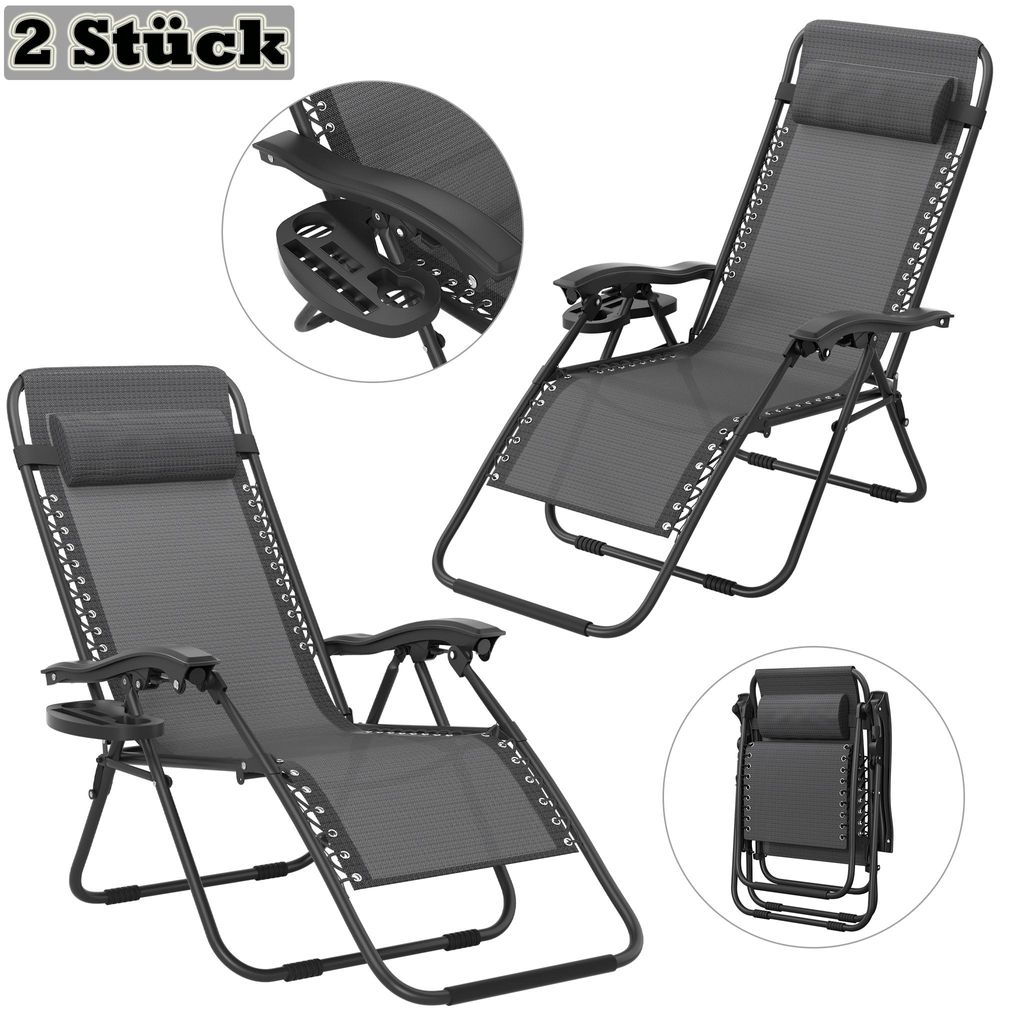 YRHome Faltbarer Liegestuhl Dunkelgrau mit Kissen, Relaxstuhl klappbar für Strand, Camping, Garten und Pool, Outdoor Sonnenliege (2 Stück)