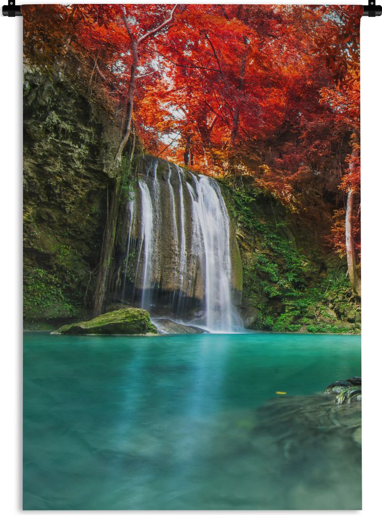 MuchoWow Wandteppich Wandbehang Wasserfall - Baum - Rot - Herbst - Wasser 60x90 cm Tapisserie Dekoration Wandtuch - Foto-Teppich - Abwaschbar