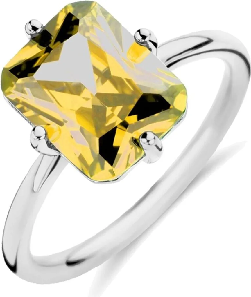 New Bling 9NB-1137-58 Anello in argento con pietra zirconia - Giallo - 8x10mm - Rettangolo - Misura 58 - Rodio - Argento