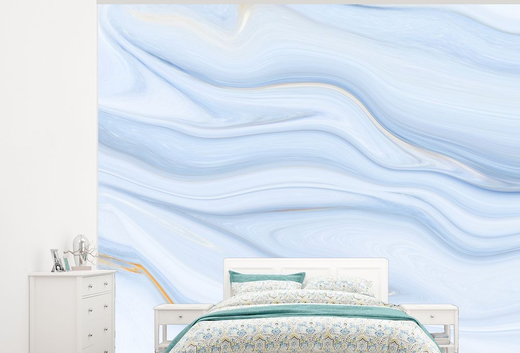 MuchoWow Fototapete für Wohnzimmer oder Schlafzimmer Wandtapete Vinyl Motivtapete Marmor - Welle - Blau - Muster - Marmoroptik - Pastell - 375x3...