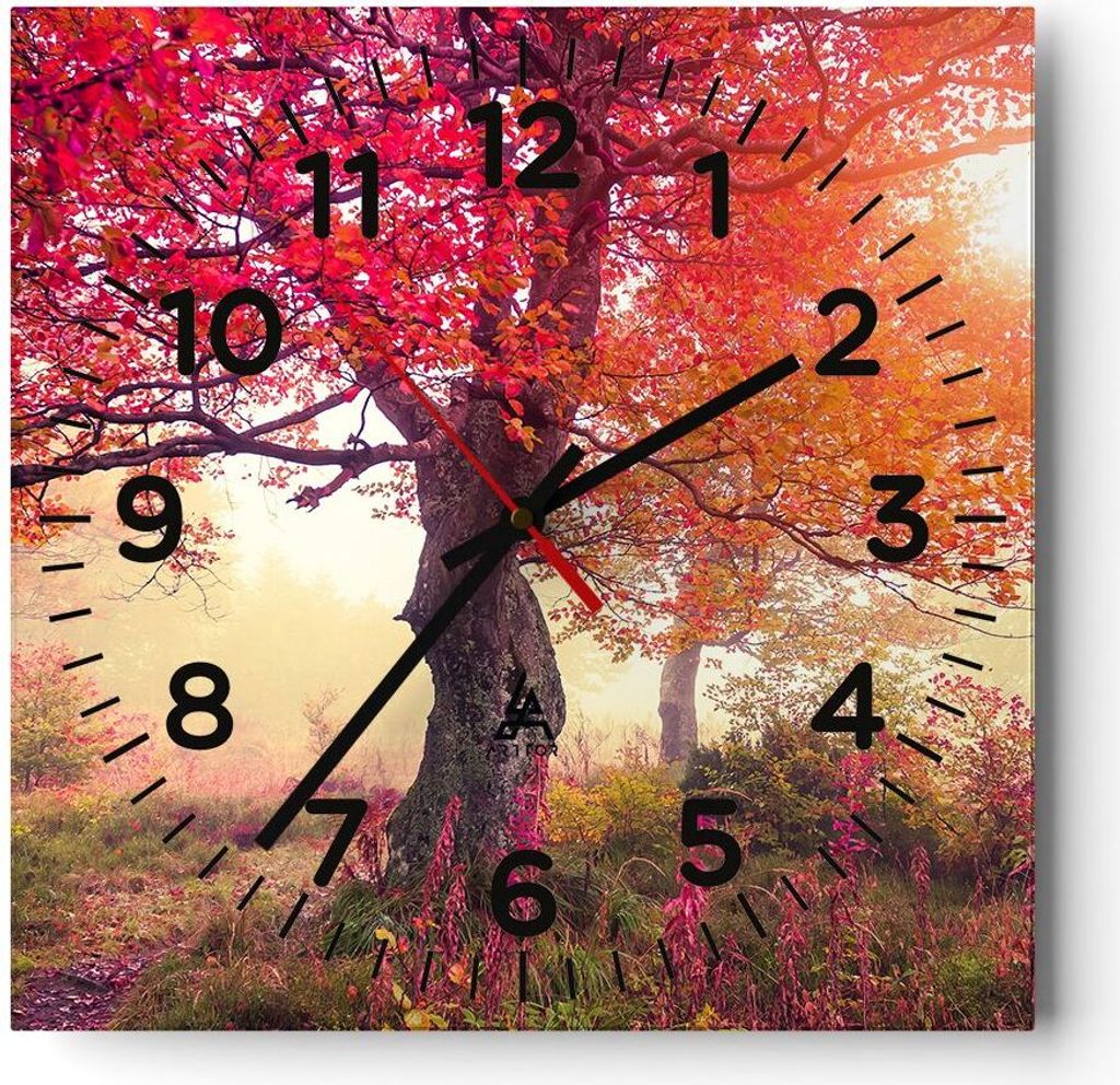 Wanduhr - Quadrat - Glasuhr - Baum Natur Wiese - 40x40cm - Schleichendes Uhrwerk - Lautlos - zum Aufhängen bereit - Dekoration Modern - Wanddekora...