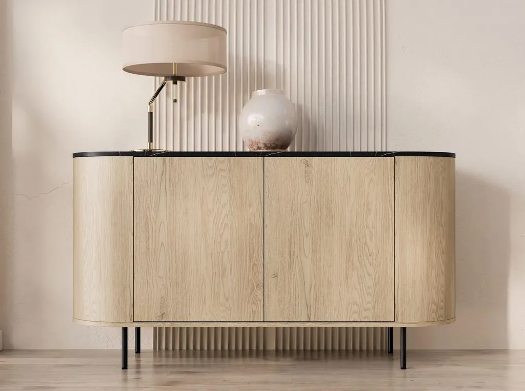 Meuble d'Entrée Chic TANGIER Commode 2 Portes Chêne et Plateau Marbre Noir