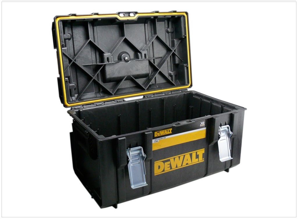 An open black and yellow Dewalt tool box is shown against a white background.
