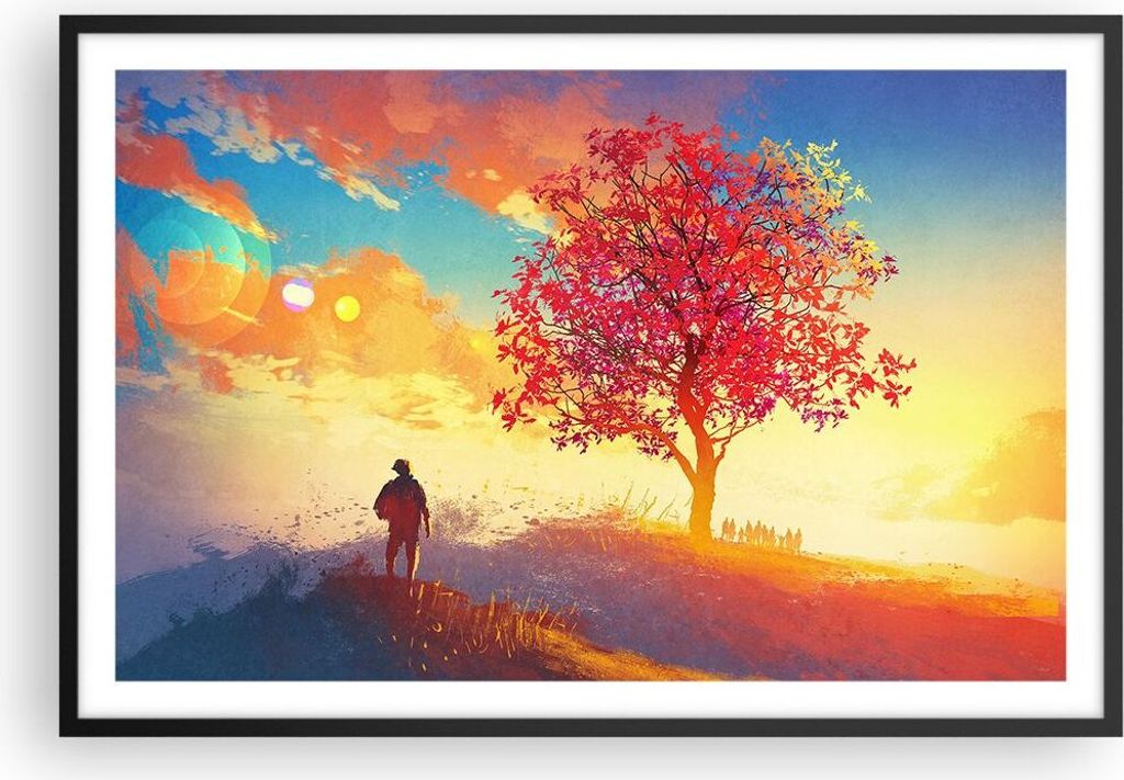 Gerahmtes Poster - Schwarzer Rahmen - Baum Wiese Feld - 91,5x61 cm - Wand Bild - Wanddeko - Wandbilder - Kunstposter - Wandposter - Bilderrahmen - ...