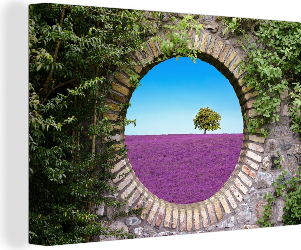 OneMillionCanvasses - Leinwandbilder - 140x90 cm, Lavendel - Ausblick - Blumen - Sommer, - Geöffnetes Fenster - Fensterblick Schlafzimmer Kunstd...