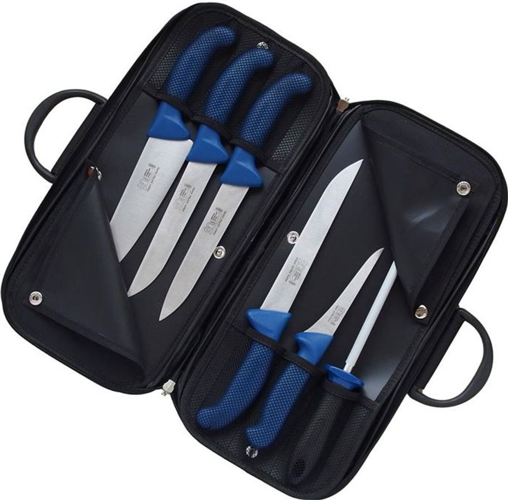 A set of knives in a black carrying case.