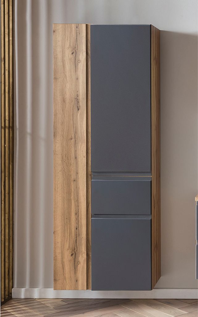 Badezimmer Hochschrank mit Schublade 65cm VASTO-03-GREY in Wotan Eiche Nb. mit grau matt, B/H/T ca. 65/180/35 cm